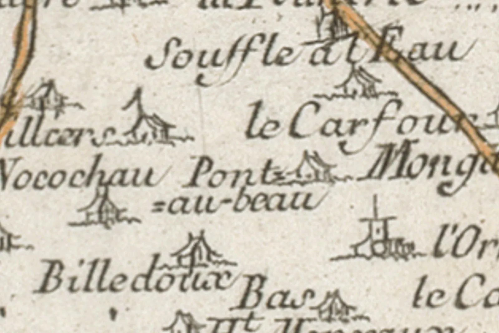 Carte de Cassini du XVIIIe siècle : le hameau de « Pont-au-beau » dessiné à la plume, près de Villiers