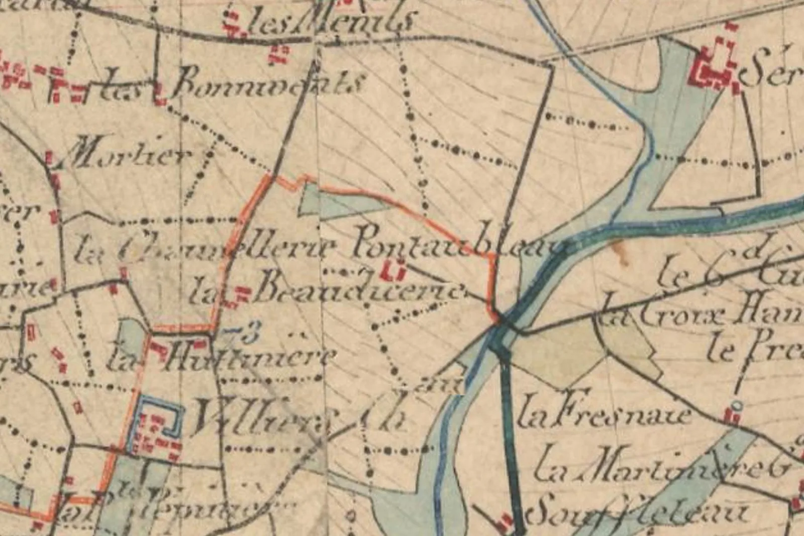 Carte d’état-major du XIXe siècle : « Pontaubleau » et le château de Villiers entouré de ses douves